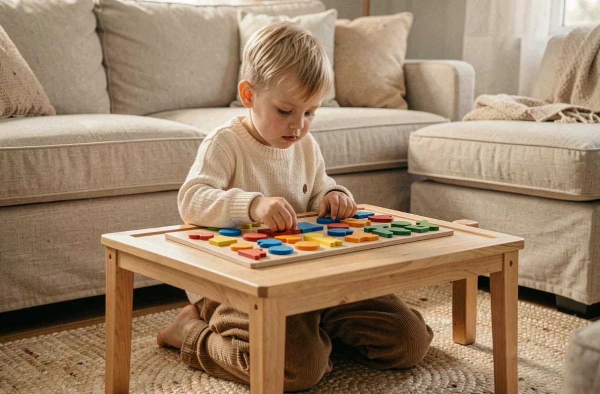 Garçon de 4 ans jouant avec un puzzle de formes géométriques colorées pour développer la logique avant l'entrée en maternelle