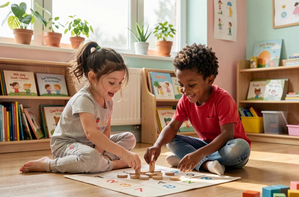 Deux enfants de 4 ans jouant ensemble à un jeu de comptage en bois pour préparer les mathématiques avant l'école maternelle