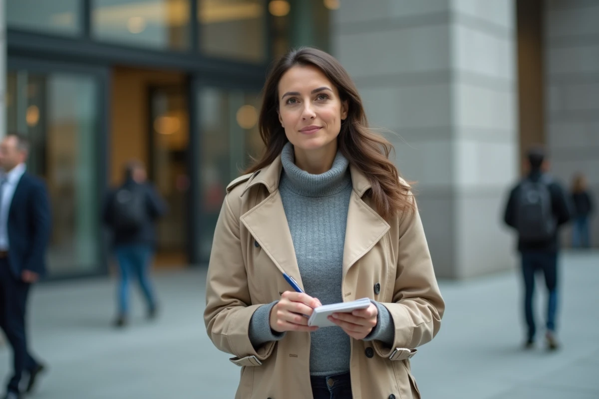 Journaliste tenant un carnet de notes devant un bâtiment moderne, symbolisant la curiosité médiatique et ses limites éthiques