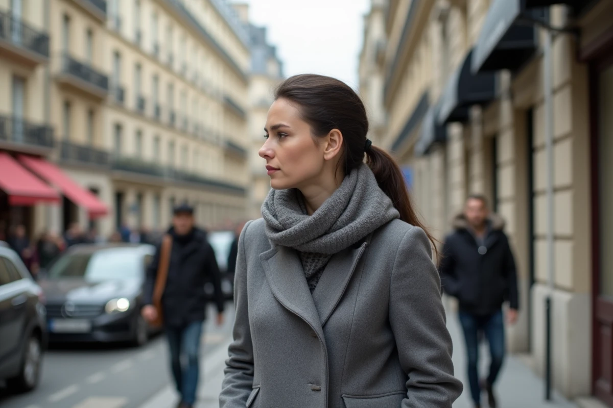 Femme journaliste marchant dans une rue parisienne avec un regard pensif, atmosphère documentaire urbaine