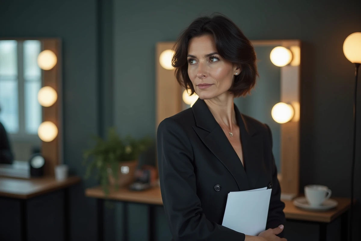 Femme journaliste dans les coulisses d'un studio de télévision, symbole de carrière et vie personnelle