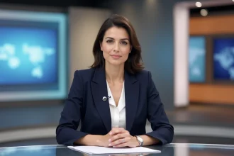 Journaliste professionnelle assise à un bureau de studio de télévision, exprimant sérieux et crédibilité médiatique