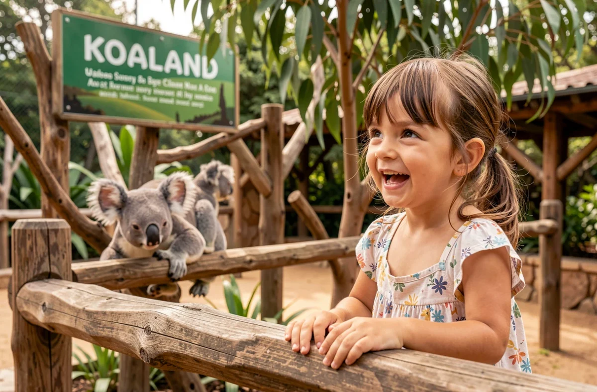 Enfant observant avec curiosité l'enclos des koalas au parc Koaland à Menton