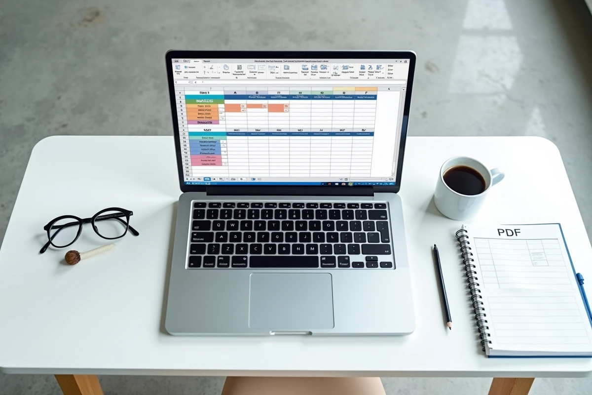 Ordinateur portable avec un tableau Excel de calendrier semaines paires et impaires sur un bureau minimaliste