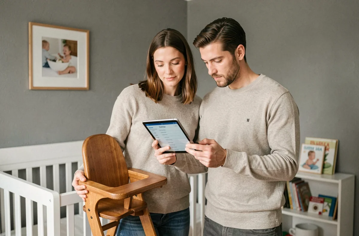 Couple examinant une liste de naissance pour leur deuxième enfant dans une chambre de bébé aménagée, comparant les articles essentiels sur une tablette