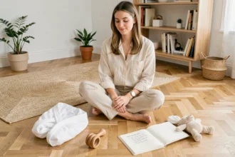 Jeune femme préparant une liste de naissance pour son premier enfant, entourée d'articles bébé essentiels sur un parquet en bois clair