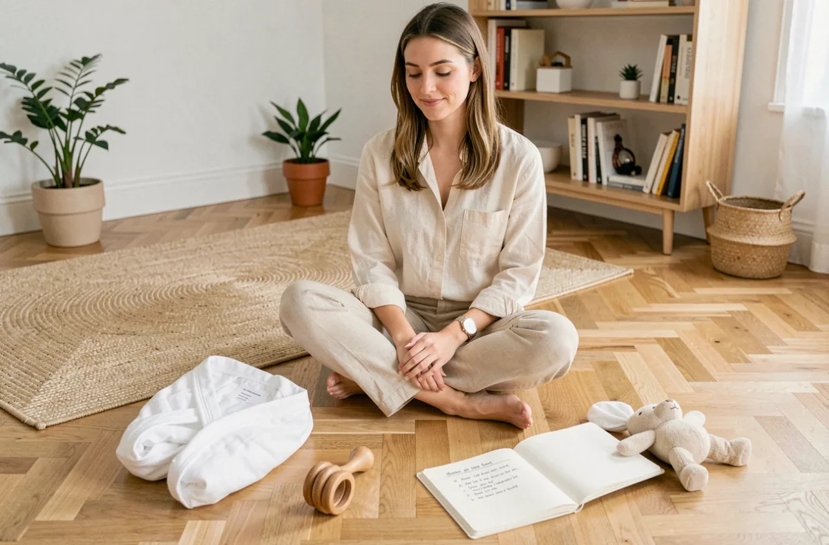 Jeune femme préparant une liste de naissance pour son premier enfant, entourée d'articles bébé essentiels sur un parquet en bois clair