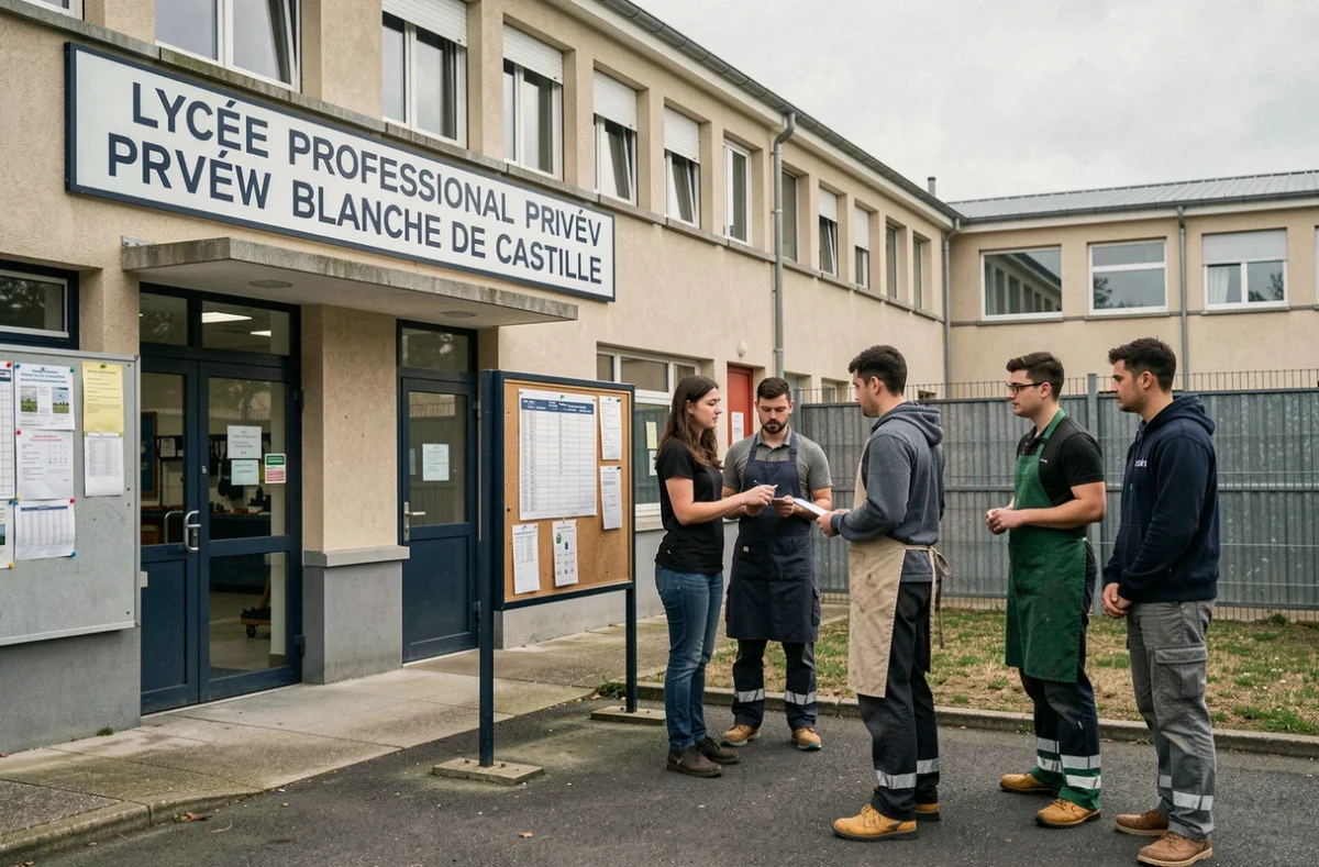 Entrée du lycée professionnel privé Blanche de Castille avec des étudiants en tenue professionnelle consultant un tableau