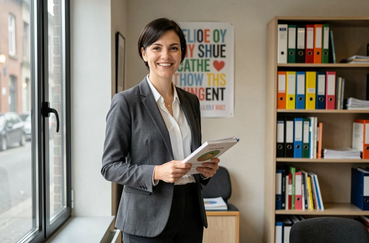 Magali Gross, orthophoniste au cabinet Lille Sud, tenant un cahier thérapeutique dans son bureau