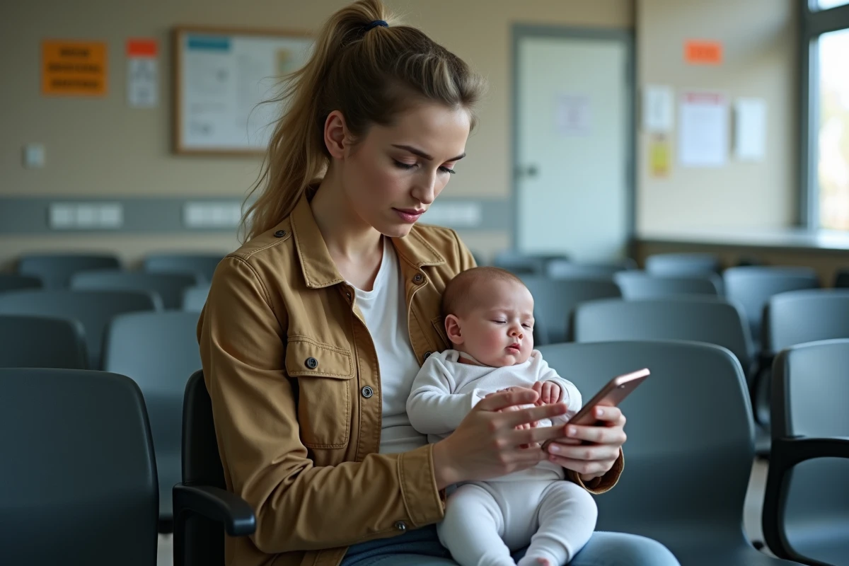 Maman avec bébé utilisant son smartphone dans un bureau