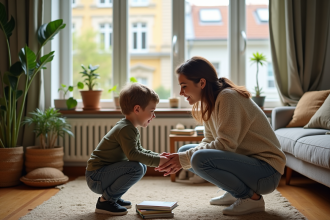 Femme et enfant souriant dans un salon chaleureux