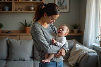 Jeune maman fatiguée tenant son bébé dans le salon