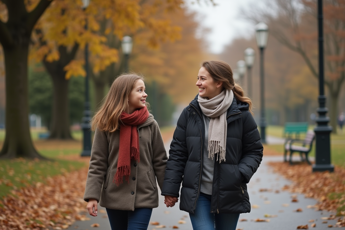 Mère et fille marchant dans un parc en automne