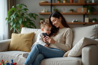 Femme avec son enfant dans un salon cosy et décor naturel