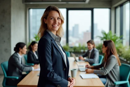 Manager souriante accueillant son équipe en réunion pour la rentrée dans un open space moderne