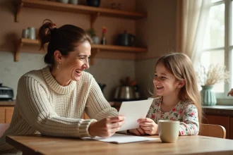 Marraine et filleule riant ensemble en lisant un poème drôle et tendre à table