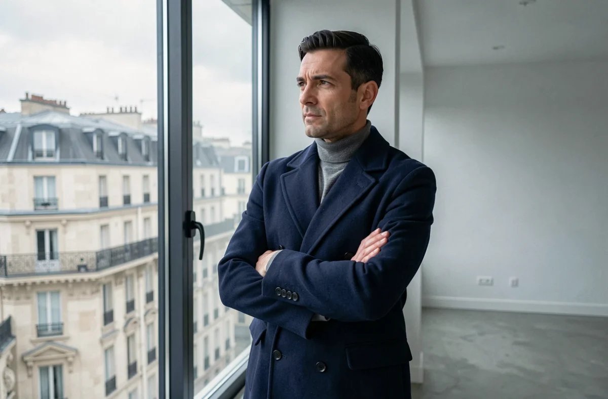Homme en manteau bleu marine regardant un paysage urbain français par une grande fenêtre, symbole des origines et de l'identité personnelle