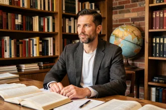 Portrait d'un homme pensif assis à son bureau entouré de livres, évoquant la vie intellectuelle et l'identité de Matthieu Hocque