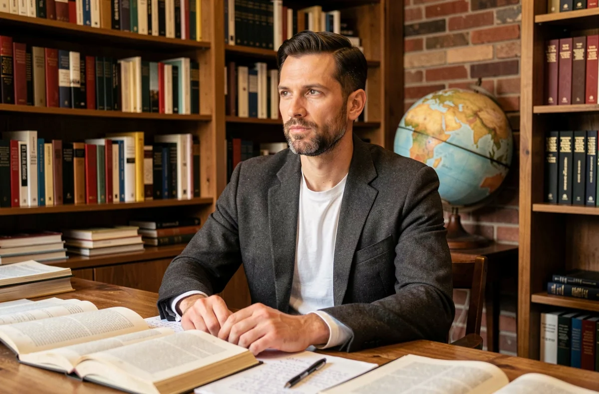 Portrait d'un homme pensif assis à son bureau entouré de livres, évoquant la vie intellectuelle et l'identité de Matthieu Hocque