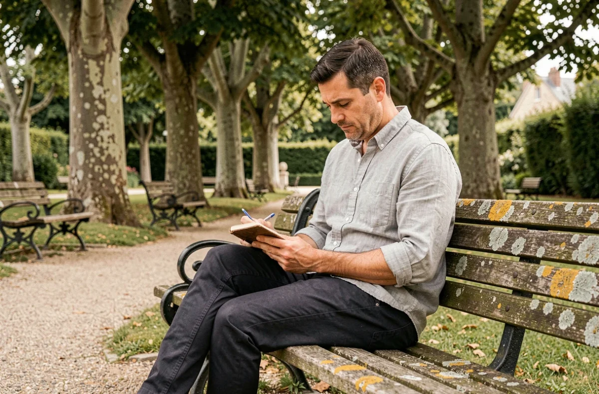 Homme assis sur un banc en pierre dans un jardin public français, écrivant dans un carnet, évoquant l'introspection et les racines personnelles de Matthieu Hocque