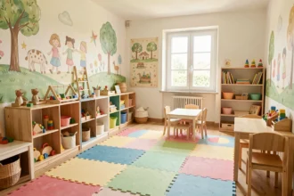 Vue d'ensemble d'une salle de jeux dans une crèche en Haute-Garonne, avec mobilier coloré et jouets en bois