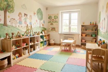 Vue d'ensemble d'une salle de jeux dans une crèche en Haute-Garonne, avec mobilier coloré et jouets en bois