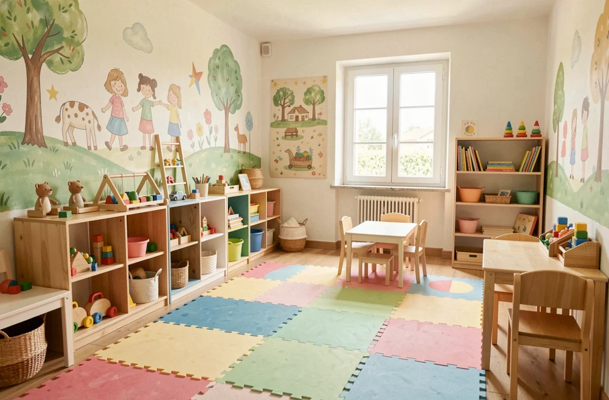Vue d'ensemble d'une salle de jeux dans une crèche en Haute-Garonne, avec mobilier coloré et jouets en bois