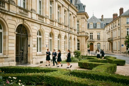 Vue panoramique d'une école privée dans le Loiret avec cour intérieure en pierre et élèves en uniforme