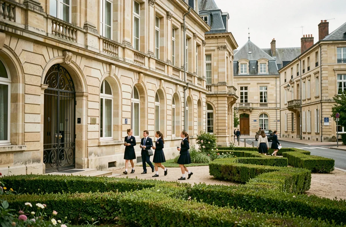Vue panoramique d'une école privée dans le Loiret avec cour intérieure en pierre et élèves en uniforme