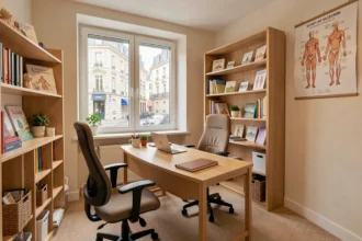 Cabinet d'orthophonie professionnel dans le Nord de la France avec bureau, matériel pédagogique et atmosphère chaleureuse