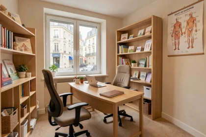 Cabinet d'orthophonie professionnel dans le Nord de la France avec bureau, matériel pédagogique et atmosphère chaleureuse