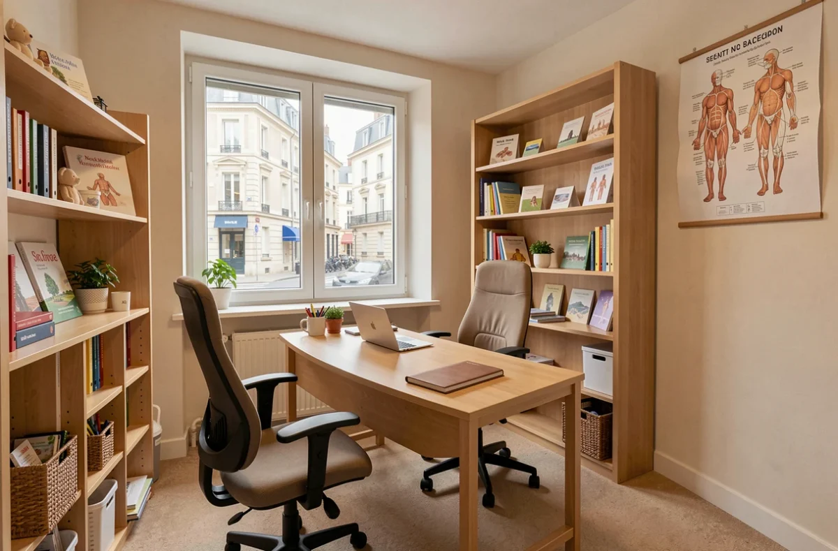 Cabinet d'orthophonie professionnel dans le Nord de la France avec bureau, matériel pédagogique et atmosphère chaleureuse