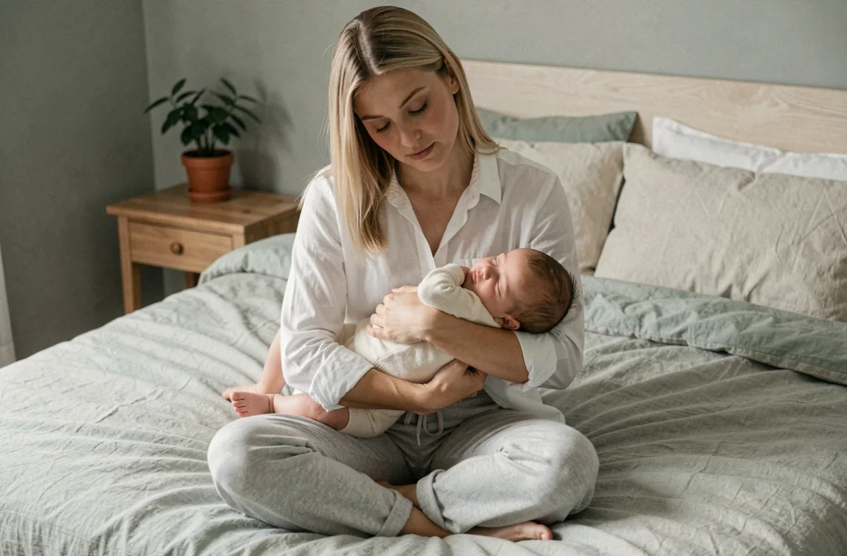 Jeune mère assise sur un lit en lin tenant son nourrisson endormi contre elle, moment de douceur et de repos maternel