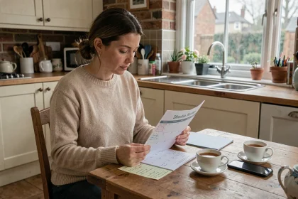Mère expatriée consultant le calendrier des vacances scolaires anglaises 2026 dans une cuisine londonienne typique