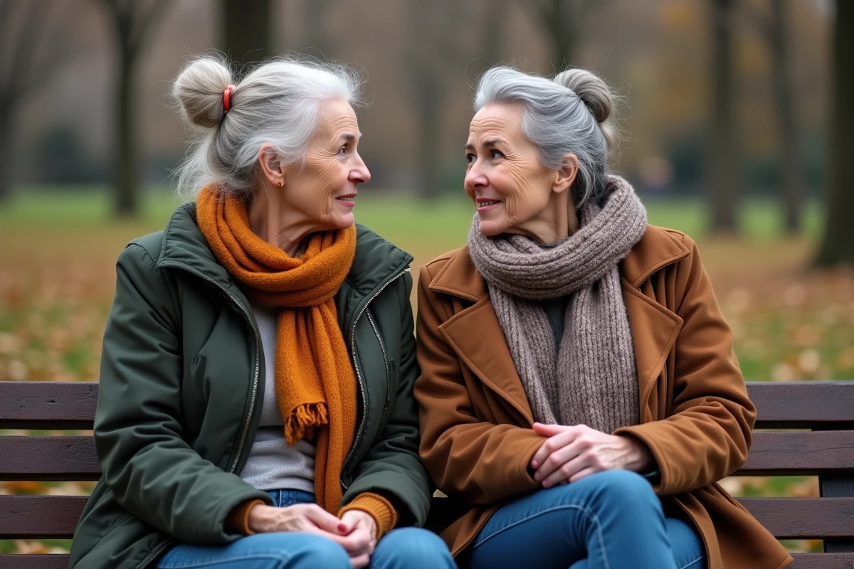 Mère et fille adulte assises côte à côte sur un banc de parc avec une distance émotionnelle visible entre elles