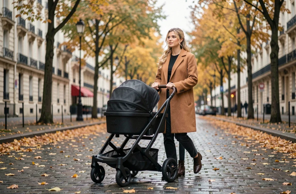 Jeune femme blonde poussant un landau moderne sur un boulevard parisien en automne, ambiance urbaine et intime