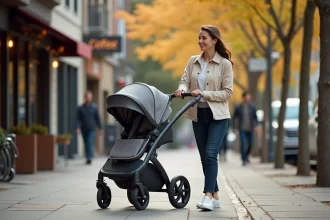 Jeune mère poussant une poussette 4 en 1 convertible sur un trottoir urbain en automne