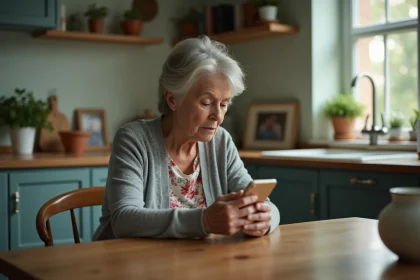 Mère âgée seule à table regardant son téléphone dans l'attente d'un message de sa fille
