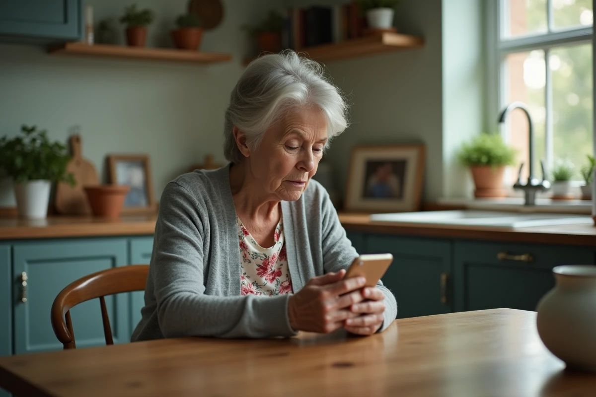 Mère âgée seule à table regardant son téléphone dans l'attente d'un message de sa fille