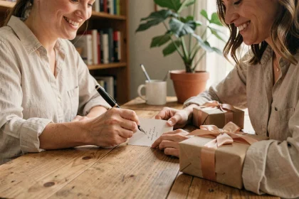 Femme écrivant un message sur une carte cadeau de fin d'année posée sur un bureau en bois
