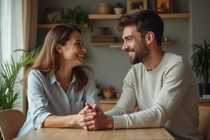 Femme d'&acirc;ge moyen et jeune homme partageant un moment rassurant