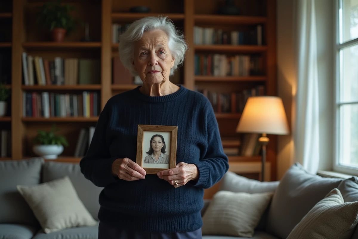 Femme âgée tenant une photo de famille face à la fenêtre, exprimant la nostalgie d'un lien mère-fille distant