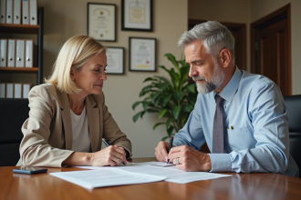 Une femme et un homme en réunion dans un bureau notarial
