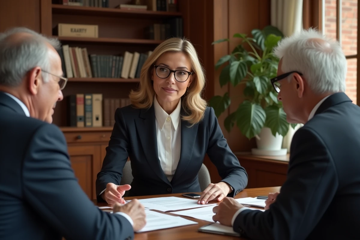 Notaire discutant avec un couple dans un bureau traditionnel