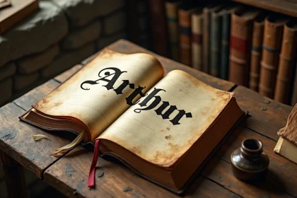 Livre médiéval ouvert avec le prénom Arthur en calligraphie gothique sur parchemin ancien