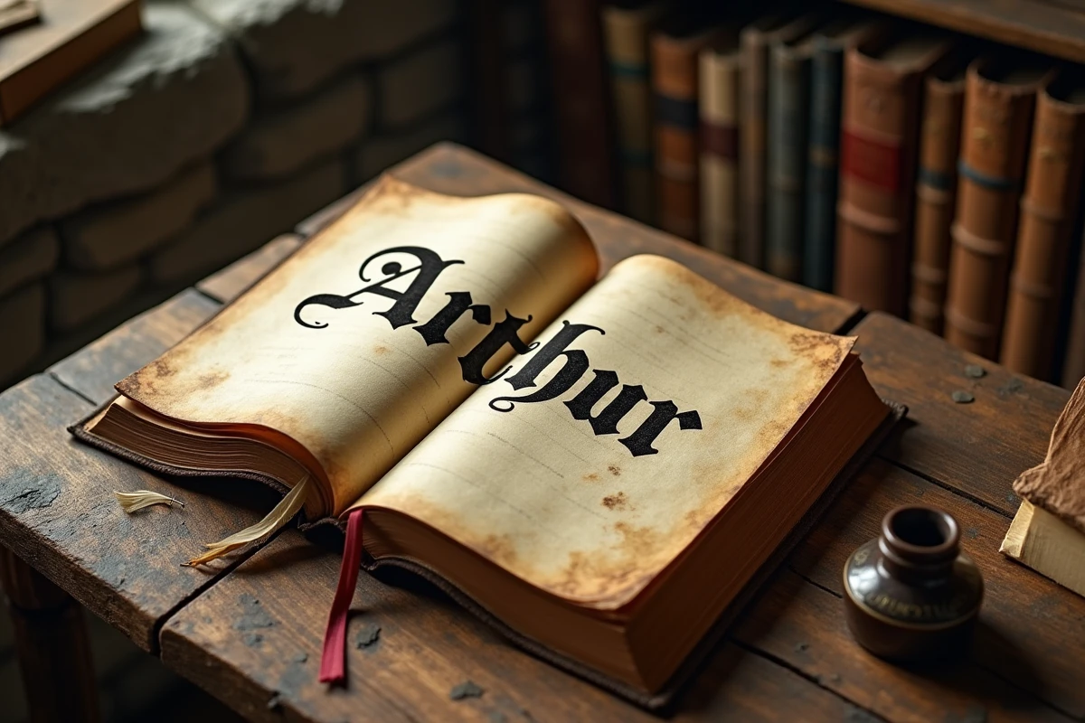 Livre médiéval ouvert avec le prénom Arthur en calligraphie gothique sur parchemin ancien