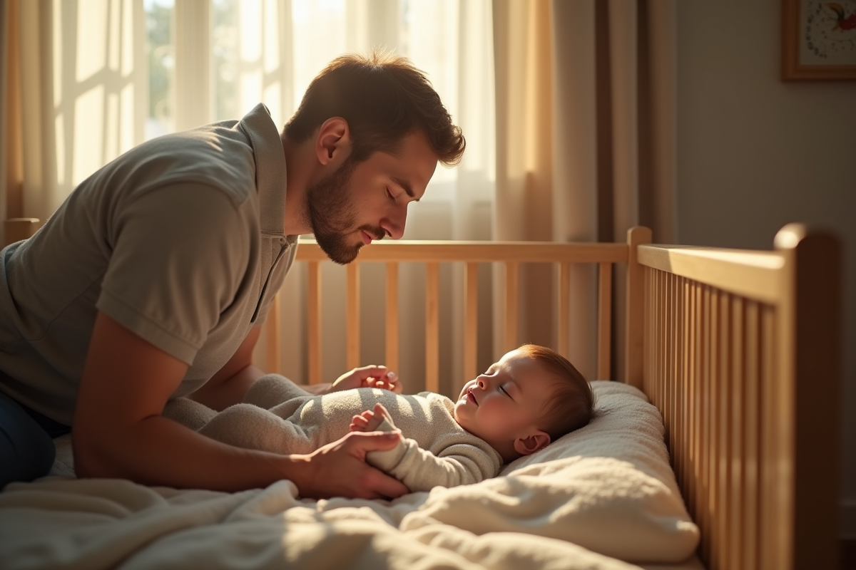 Pere mettant un enfant endormi dans le lit au matin