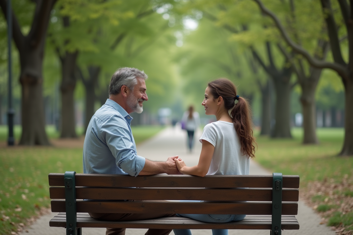 Père et fille discutant sur un banc ombragé dans un parc