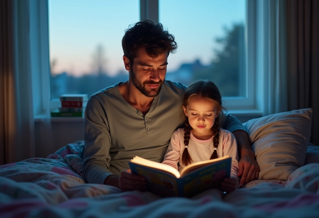 Père lisant une histoire à sa fille endormie au lit