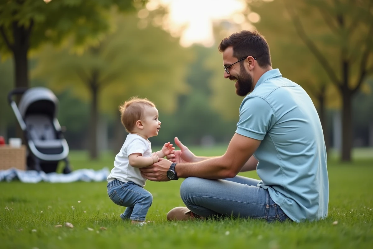 Pere regardant son enfant essayer de s assoir dans un parc urbain